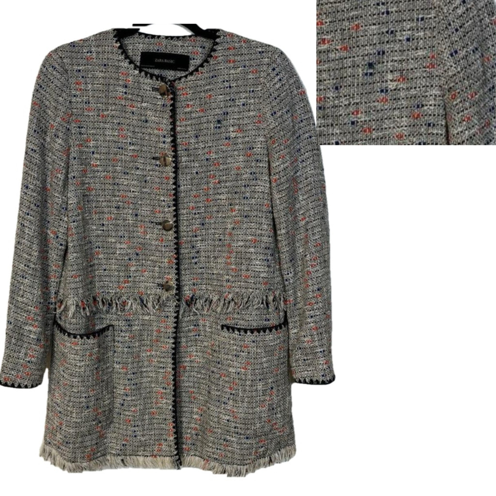 Zara Tweed Coat Women’s Size XS White Blue Tweed Fringe Hem Jacket Pockets